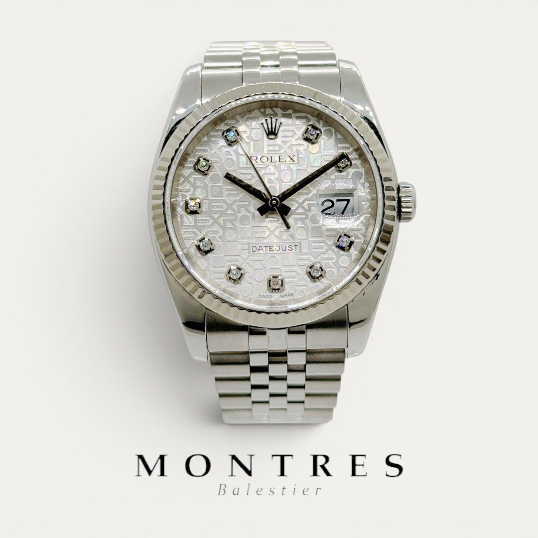 Pre-owned Rolex 36MM Datejust Jubilee 116234 Silver 10Pt Diamond Dial (D)(2006) (Category: Watches) located in Singapore. Submitted by montresbalestier (Listing ID 1434638819, Image 1). Description: Please follow us for updates on our latest watches! Brand: Rolex Model: Datejust Reference: 116234 Size: 36MM Material: Stainless Steel & White Gold Fluted Bezel Dial: Silver 10Pt Diamond Condition: like new , watch only Warranty: Dated D Series , Cir