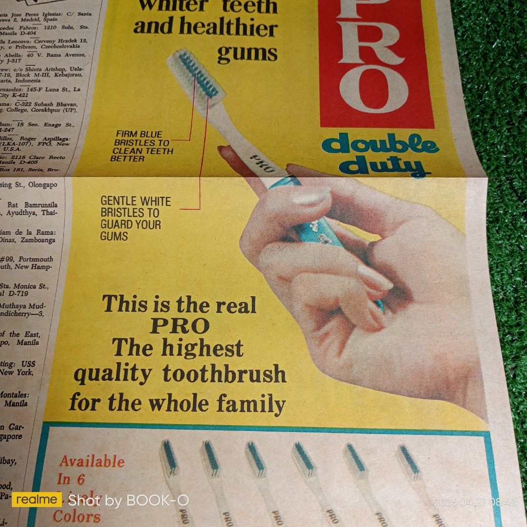 PRO Double Duty Toothbrush - Vintage (Category: Oral Care) located in Polangui. Submitted by jumyrace2 (Listing ID 1434607852, Image 3). Description: - Vintage PRO Double Duty toothbrush advertisement. - From the Philippines Free Press, October 11, 1969. - Features "highest quality toothbrush for the whole family." - Available in 6 vibrant colors. - Firm blue bristles for effective teeth cleaning. - Gentle white bristles to protect gums..