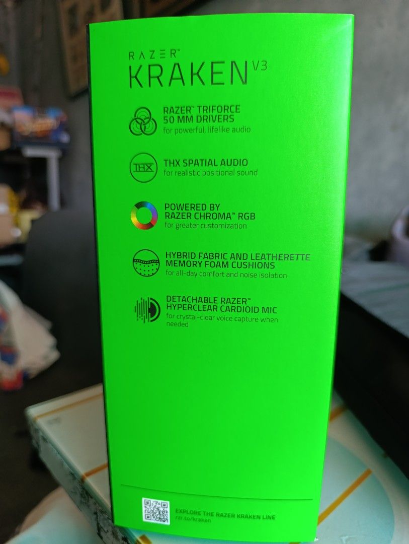 Razer Kraken V3 Wired USB Gaming Headset (Category: Headphones & Headsets) located in Pasay City. Submitted by planeleeeee (Listing ID 1434673169, Image 3). Description: Brand New - Razer Kraken V3 USB Gaming Headset - Razer Chroma RGB - Razer TriForce 50mm Drivers for superior audio - THX Spatial Audio for immersive sound - Detachable Razer HyperClear cardioid mic - Hybrid fabric and leatherette memory foam ear cushions for comfort and noise iso