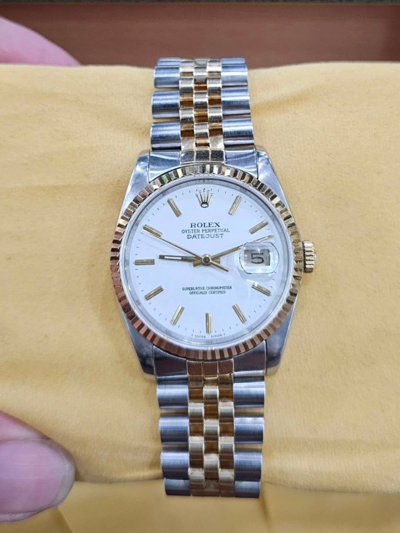 Rolex Datejust Two Tone (Category: Luxury Watches) located in Makati City. Submitted by timeless_watches_ph (Listing ID 1434695256, Image 2). Description: Ref Number 16233 E serial (1990 model) Watch and presentation box 36mm case diameter Fits up to 7 inch wrist Open for authentication.
