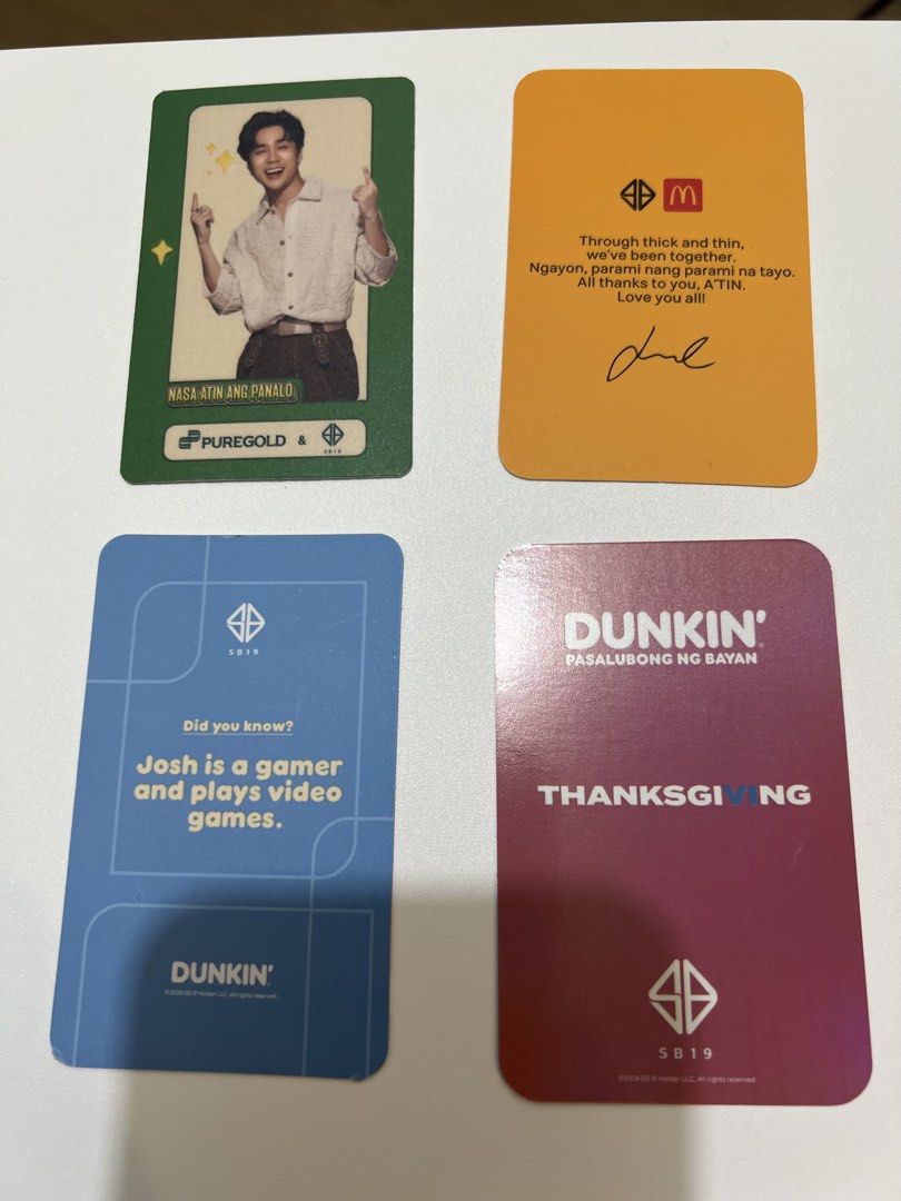 SB19 Josh Photocards (Category: Other Merchandise) located in Pasig City. Submitted by declutter-tinted (Listing ID 1434763895, Image 2). Description: Puregold - 200 Mcdo - 75 Dunkin - 100 Dunkin Thanksgiving - 75 ***** Can buy as set - 400 ***** Open for Swap / Trade - Pablo or Justin Prio :) *No rush transaction please .