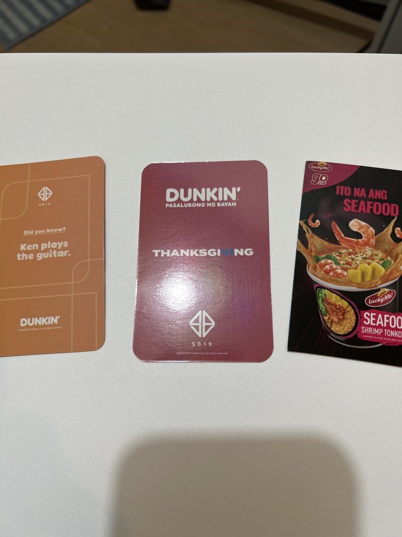 SB19 Ken Photocards (Category: Other Merchandise) located in Pasig City. Submitted by declutter-tinted (Listing ID 1434766499, Image 2). Description: Dunkin - 100 Dunkin Thanksgiving - 75 Lucky me - 75 *** Set - 200 ***** Open for swap/trade. Prio: Pablo or Justin No rush transactions please.