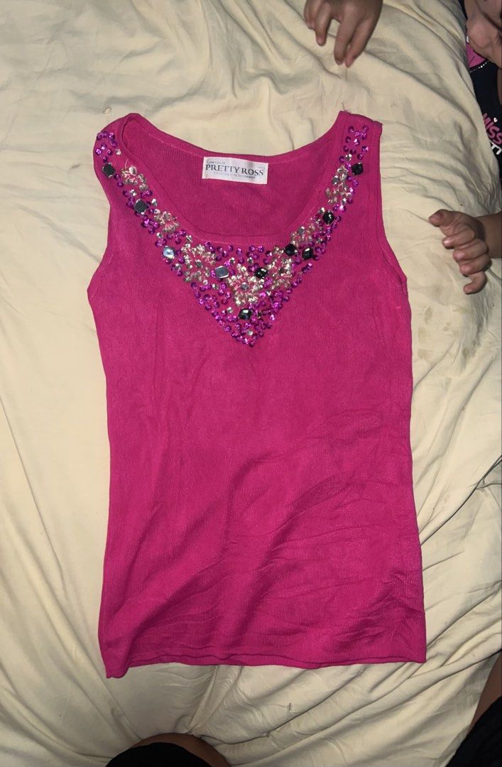 Sequined Embellished y2k Sleeveless Top (Category: Sleeveless) located in Manila. Submitted by alingmads (Listing ID 1434734128, Image 2). Description: - Pretty Ross sleeveless top - Vibrant pink color - Sparkling embellishments around neckline - Scoop neck - Fitted silhouette - Brand tag visible - Dress up or down.