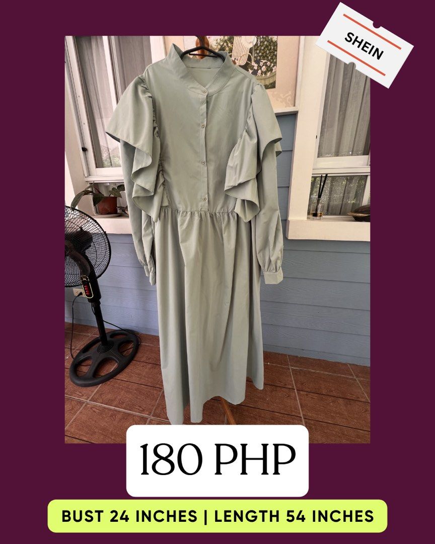 Shein Sage Green Dress (Category: Dresses) located in Iloilo. Submitted by formycats (Listing ID 1434621669, Image 1). Description: - Shein sage green dress - Features: - High collar - Button-down front - Long sleeves - Ruffle details on shoulders - Measurements: - Bust: 24 inches - Length: 54 inches - Perfect for casual outings..