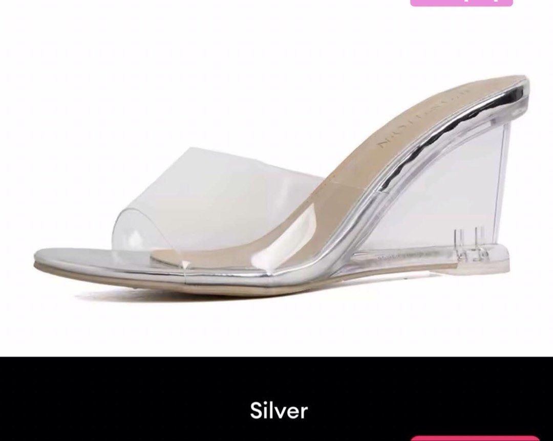 Silver Wedge Sandals (Category: Wedges) located in Valenzuela. Submitted by 2ndHandSpree (Listing ID 1434615880, Image 1). Description: - Silver wedge sandals - Clear strap and wedge heel - Transparent wedge heel - Silver sole - Slip-on style.