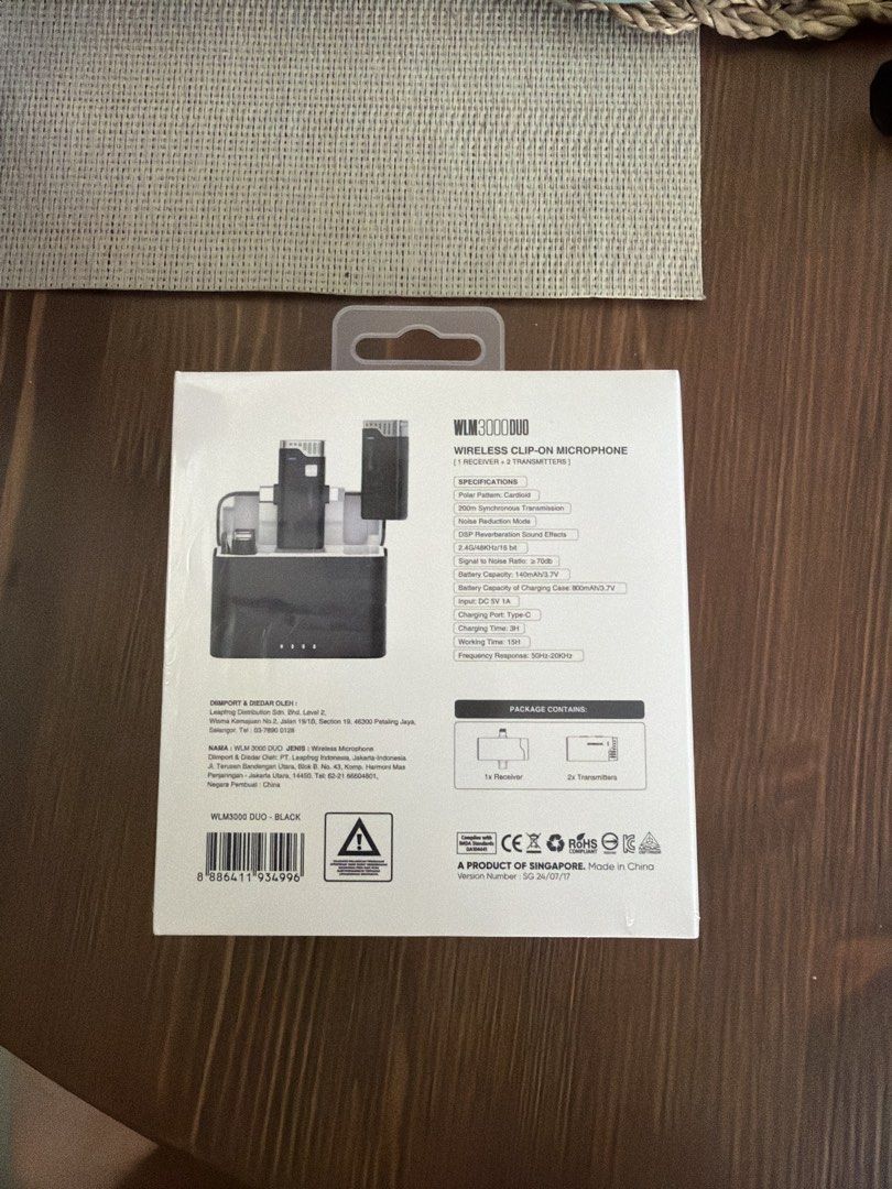 SONIC GEAR WLM3000 DUO Wireless Clip-on Microphone (Category: Microphones) located in Mandaluyong City. Submitted by n444t (Listing ID 1434630035, Image 2). Description: - SONIGEAR WLM3000 DUO Wireless Microphone System - Includes two clip-on transmitters and a charging case - Signal-to-noise ratio: 70dB - Battery: 400mAh/3.7V - Charging time: Approximately 2 hours Retails for ₱2,700 RFS: Gifted .