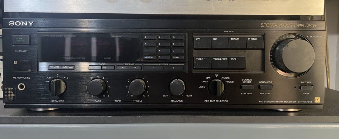 Sony STR-GX6ESII FM Stereo Receiver (Category: Soundbars, Speakers & Amplifiers) located in Quezon City. Submitted by coolstar.ea7bd1_861 (Listing ID 1434790283, Image 1). Description: Sony STR-GX6ESII FM Stereo/FM-AM receiver. Features include a headphone jack, speaker selector, bass, treble, and balance controls. It has inputs for phono, CD, DAT, and tape. Includes video inputs and outputs. The receiver has an attenuator and muting function. It