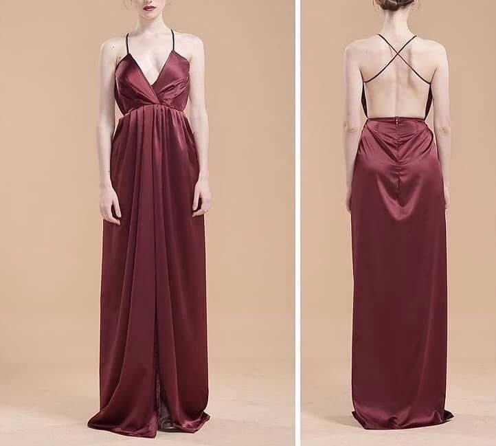 Stylestaple gown burgundy (Category: Dresses) located in Taguig. Submitted by col12345 (Listing ID 1434773279, Image 2). Description: - Burgundy satin maxi dress - Features a flattering V-neckline - Delicate spaghetti straps - High slit on one side - Low back design - Floor-length - Ideal for formal events and special occasions.