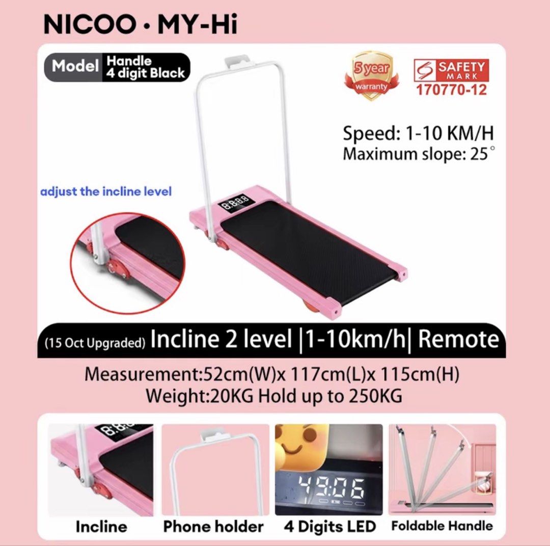 Threadmill Machine (Category: Cardio & Fitness Machines) located in Singapore. Submitted by strawrbey_ie (Listing ID 1434656567, Image 1). Description: - Used 3 times only! - One of the phone stand screw had couldn’t fit - Original price was $200 - We don’t provide delivery. Please arrange your own delivery or come for self-pickup with your own vehicle..