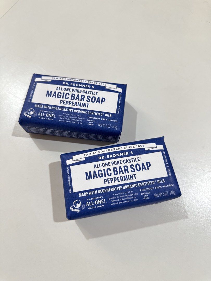Trader Joe’s Dr. Bronner's Magic Bar Soap Peppermint (Category: Bath) located in Manila. Submitted by jeromestanley (Listing ID 1434616212, Image 1). Description: Authentic Trader Joe’s Product from USA; each sold separately - Dr. Bronner's Peppermint Magic Bar Soap - Made with regenerative organic certified oils - Suitable for body, face, and hands - 5 oz / 140g bar - Packaging includes ingredient and company info.