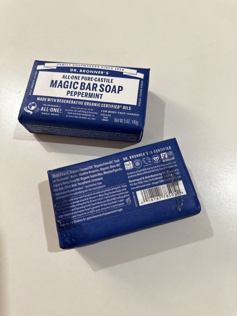 Trader Joe’s Dr. Bronner's Magic Bar Soap Peppermint (Category: Bath) located in Manila. Submitted by jeromestanley (Listing ID 1434616212, Image 3). Description: Authentic Trader Joe’s Product from USA; each sold separately - Dr. Bronner's Peppermint Magic Bar Soap - Made with regenerative organic certified oils - Suitable for body, face, and hands - 5 oz / 140g bar - Packaging includes ingredient and company info.