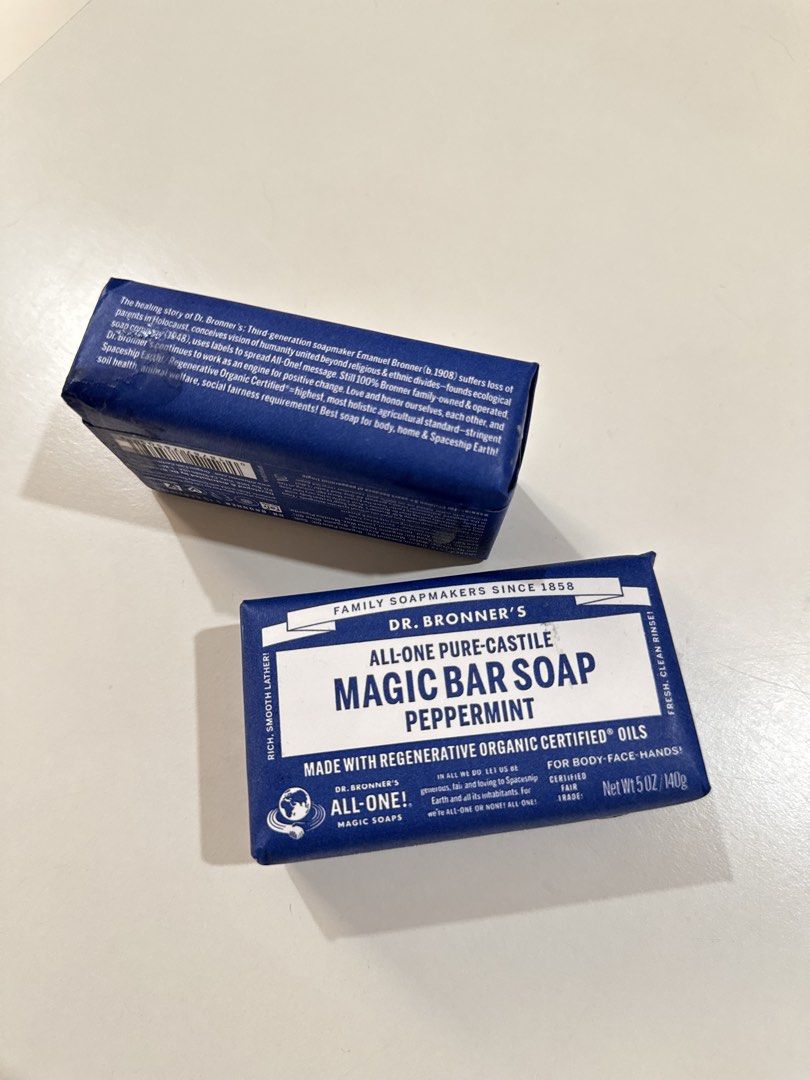 Trader Joe’s Dr. Bronner's Magic Bar Soap Peppermint (Category: Bath) located in Manila. Submitted by jeromestanley (Listing ID 1434616212, Image 2). Description: Authentic Trader Joe’s Product from USA; each sold separately - Dr. Bronner's Peppermint Magic Bar Soap - Made with regenerative organic certified oils - Suitable for body, face, and hands - 5 oz / 140g bar - Packaging includes ingredient and company info.