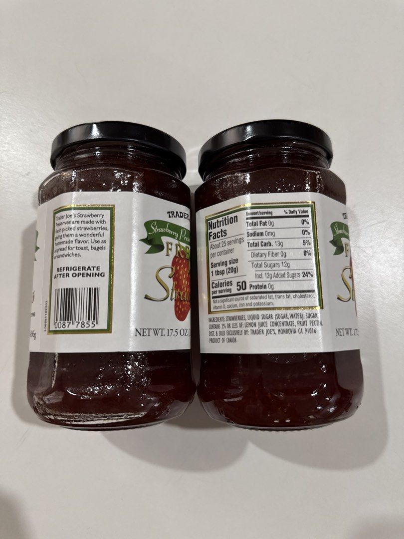 Trader Joe's Fresh Strawberry Preserves (Category: Other Food & Drinks) located in Manila. Submitted by jeromestanley (Listing ID 1434617614, Image 2). Description: Authentic Trader Joe’s Product from USA; each sold separately Trader Joe's Fresh Strawberry Preserves - Each jar: 496g - Made with strawberries, liquid sugar, water, sugar, concentrated lemon juice, and pectin - Refrigerate after opening.