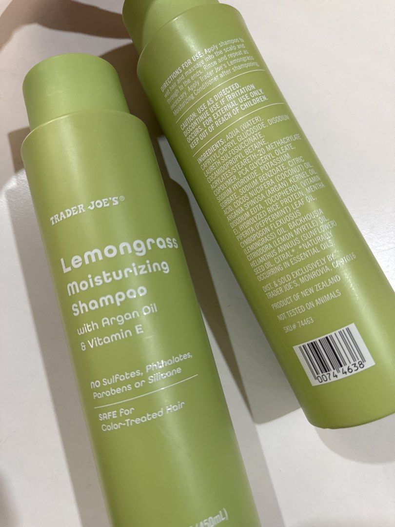 Trader Joe's Lemongrass Moisturizing Shampoo (Category: Hair) located in Manila. Submitted by jeromestanley (Listing ID 1434611438, Image 3). Description: Authentic Trader Joe’s product from USA; each sold separately - Trader Joe's Lemongrass Moisturizing Shampoo - Infused with Argan Oil and Vitamin E - Safe for color-treated hair - Free of sulfates, phthalates, parabens, and silicone - 15.2 fl oz (450ml) per bottle.