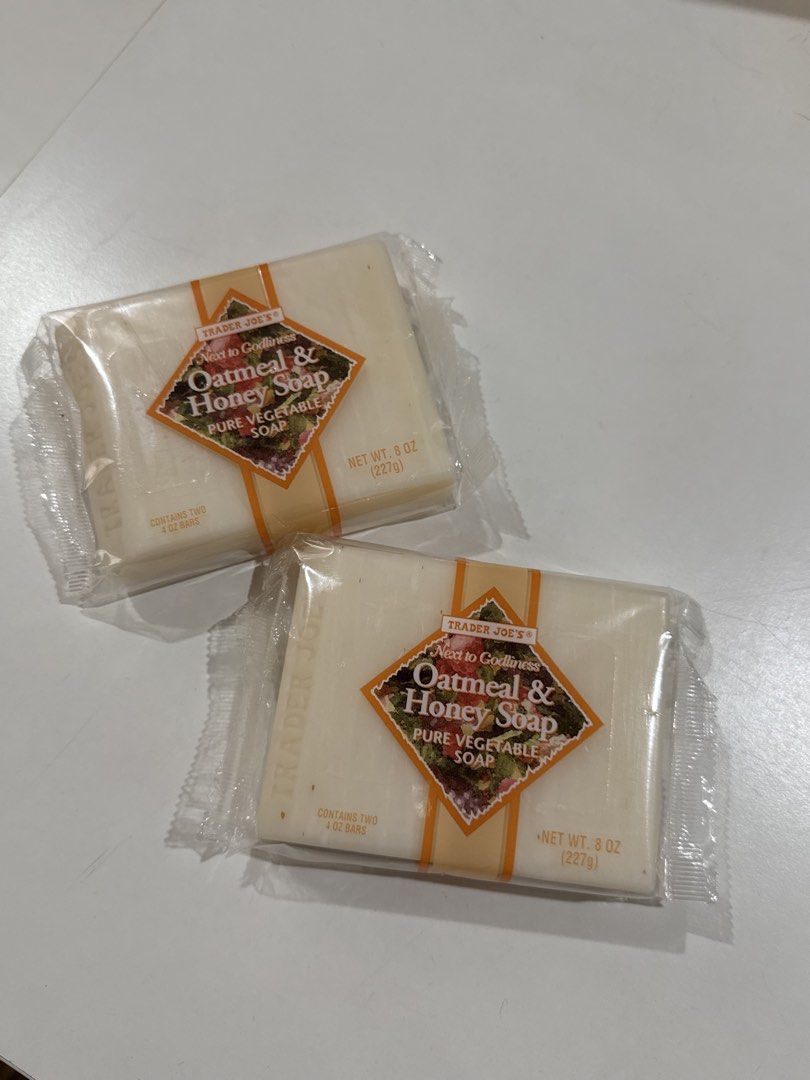 Trader Joe's Oatmeal & Honey Soap (Category: Bath) located in Manila. Submitted by jeromestanley (Listing ID 1434615935, Image 2). Description: Authentic Trader Joe’s Product from USA; each sold separately - Trader Joe's Oatmeal & Honey Soap - Two bars per package - Each bar is 8 oz (227g) - Made with pure vegetable soap - Brand new, sealed in original packaging.