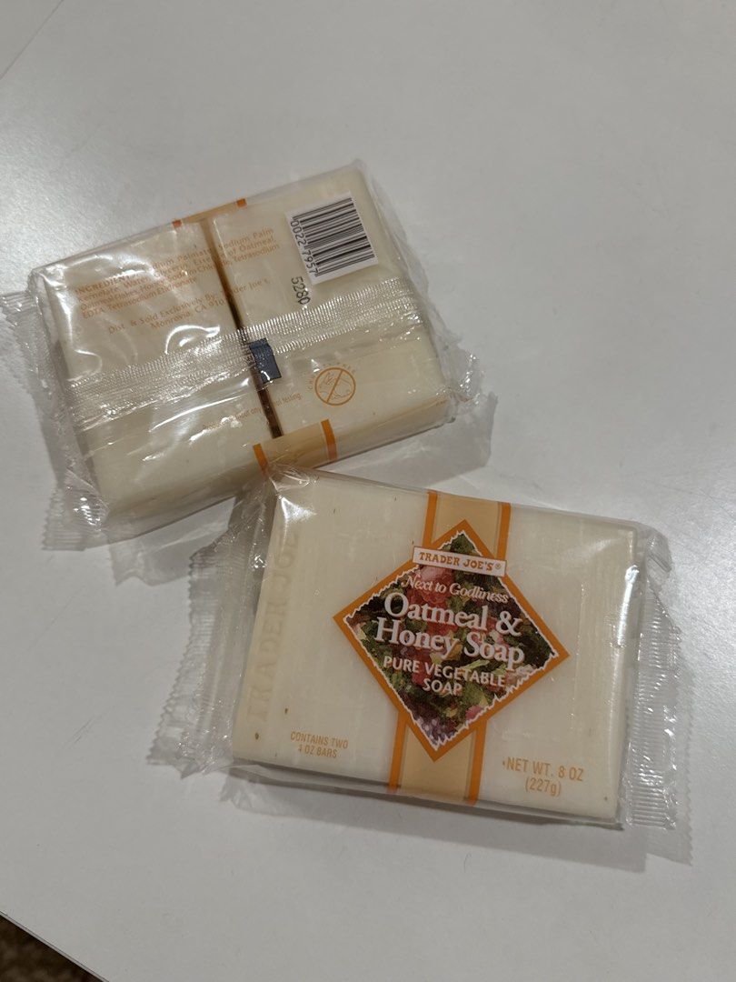 Trader Joe's Oatmeal & Honey Soap (Category: Bath) located in Manila. Submitted by jeromestanley (Listing ID 1434615935, Image 3). Description: Authentic Trader Joe’s Product from USA; each sold separately - Trader Joe's Oatmeal & Honey Soap - Two bars per package - Each bar is 8 oz (227g) - Made with pure vegetable soap - Brand new, sealed in original packaging.