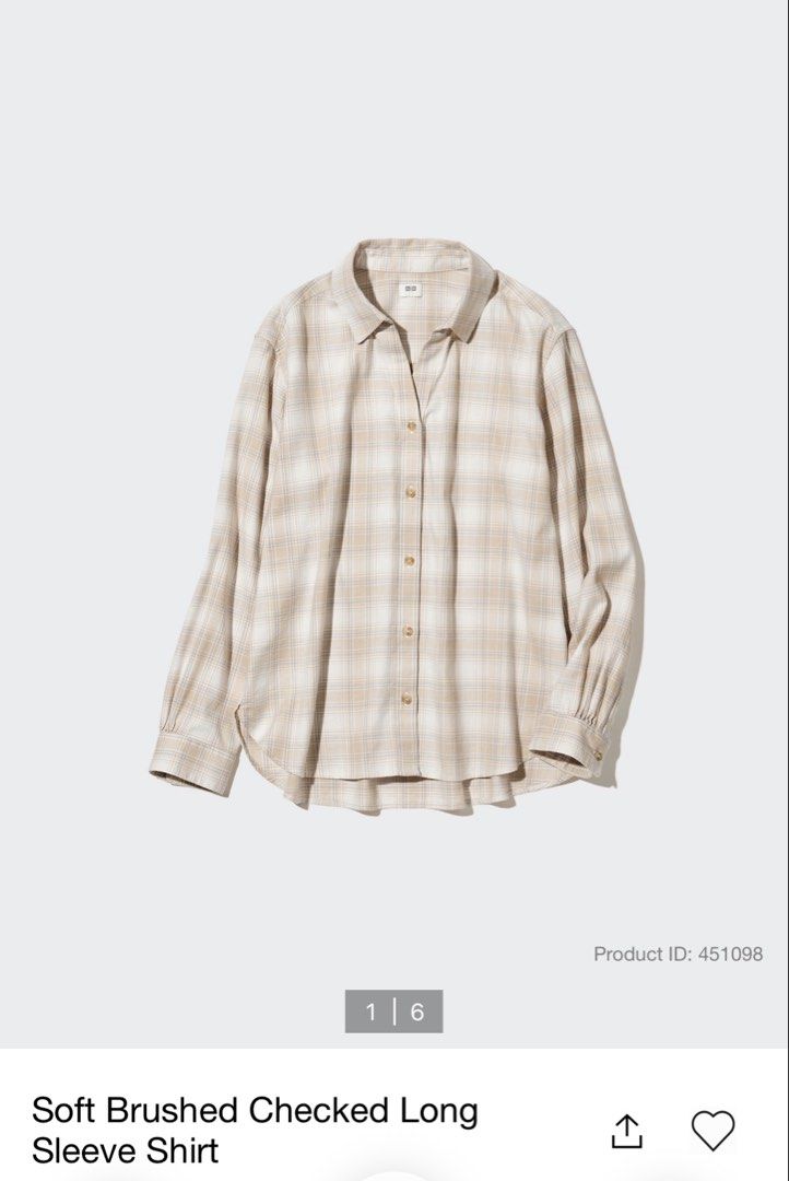 Uniqlo Plaid Shirt [PRELOVED] (Category: Others Tops) located in Manila. Submitted by yelbee (Listing ID 1434772247, Image 1). Description: - Uniqlo plaid shirt - Color: Beige and white - Size: S - Design: V-neck, long sleeves - Material: Rayon - Closure: Button - Style: Casual.