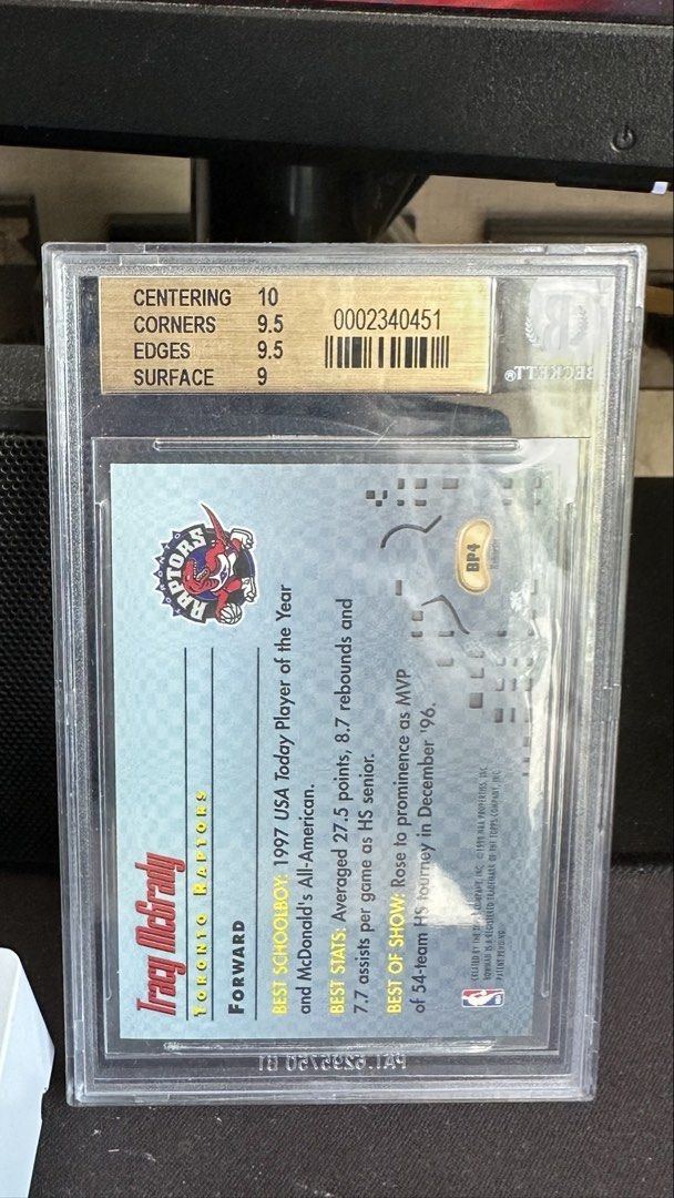 1997-98 Bowman's Best Tracy McGrady Refractor Card (Category: Raw Singles) located in Quezon City. Submitted by donbcro (Listing ID 1434888836, Image 2). Description: - 1997-98 Bowman's Best Best Picks Refractors Tracy McGrady trading card - Graded 9.5 Gem Mint by BGS - Card back includes details about his achievements.