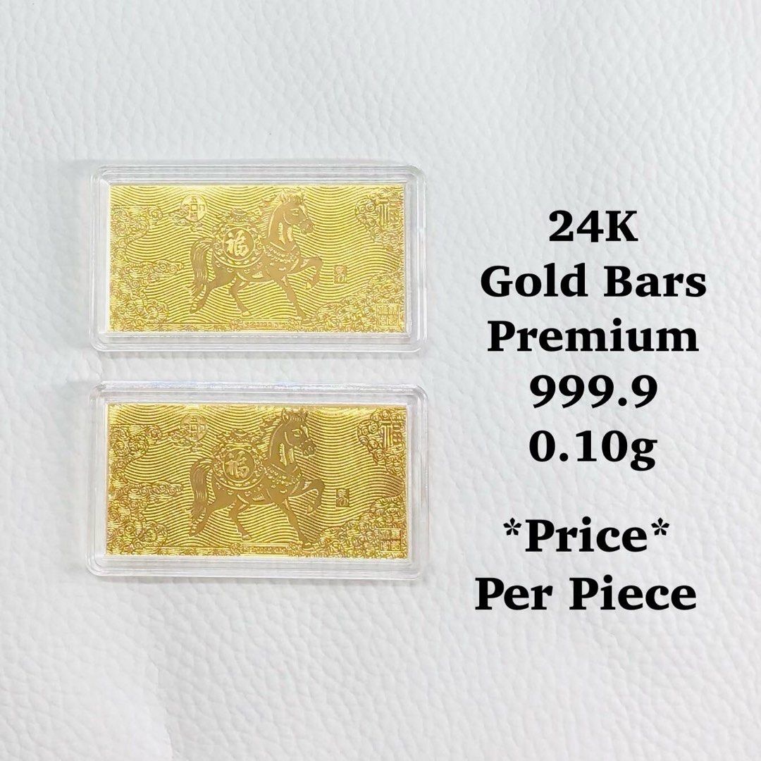 24k Gold Bars (Category: Currency) located in Manila. Submitted by seikowatchfactory (Listing ID 1434900692, Image 2). Description: Specifications: 24k Gold Bars Premium 999.9 0.10g Price per piece.