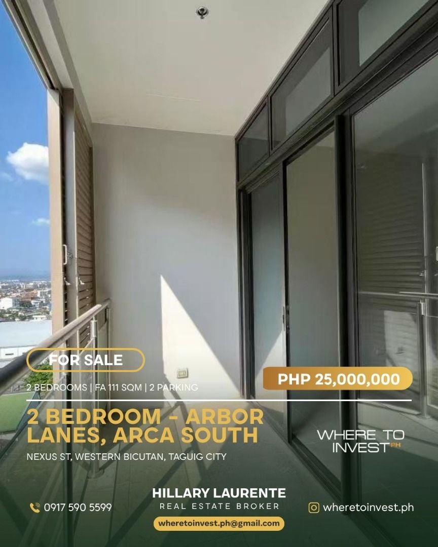 2BR Arbor Lanes FIRE SALE! 25M (Category: Apartments & Condos) located in Manila. Submitted by ayalaluxrealtor (Listing ID 1434980613, Image 1). Description: *FOR SALE Arbor Lanes Pine [HL6]* Taguig Condominium 2BR 111 sqm Title under: Individual Clean title 227,272.73 per sqm Gross *25,000,000 Gross* for viewings: Hillary Laurente, REB.