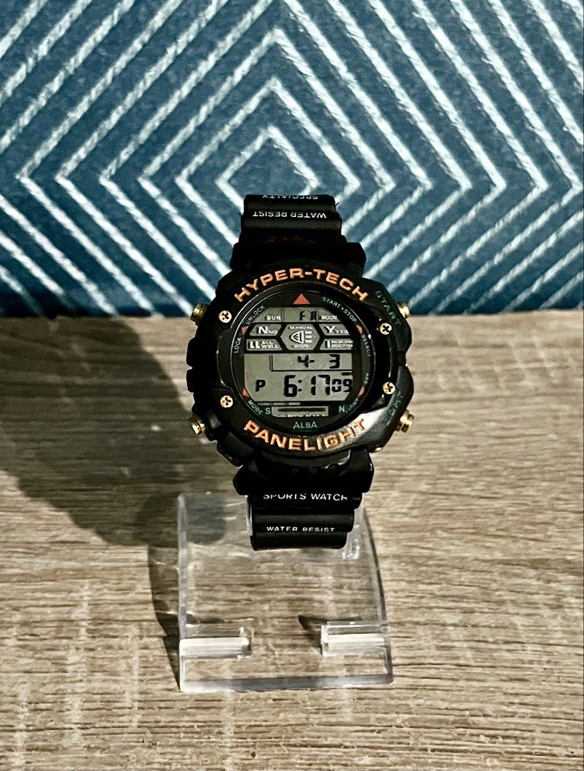 Alba Hypertech Panelight (Category: Watches) located in Kajang. Submitted by kutuselam (Listing ID 1434947192, Image 1). Description: Vintage Alba W820-4020‼️Super Rare‼️ Hypertech Panelight Time dan daydste Alarm Stopwacth Timer Condition 9/10, Insha Allah puashati Semua berfungsi dengan bak Tali aftermarket sangat sesuai dengan jam Cermin dan body bebas calar Beep✅Lampu✅ Diameter +-42mm Ada mode 24hours Ada fungsi moonphase dan sunrise Wording 