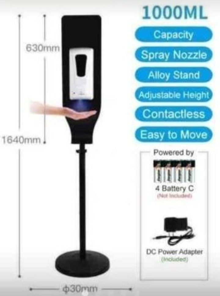 Automatic Hand Sanitizer Dispenser with Stand (Category: Medical Supplies & Tools) located in Manila. Submitted by neil_shoppe (Listing ID 1434986751, Image 3). Description: - 1000ml capacity automatic hand sanitizer dispenser - Contactless operation - Features a spray nozzle - Adjustable height - Durable alloy stand - Easy to move - Power options: 4 C batteries (not included) or DC power adapter (included) - Includes: dispenser, stand, and base 