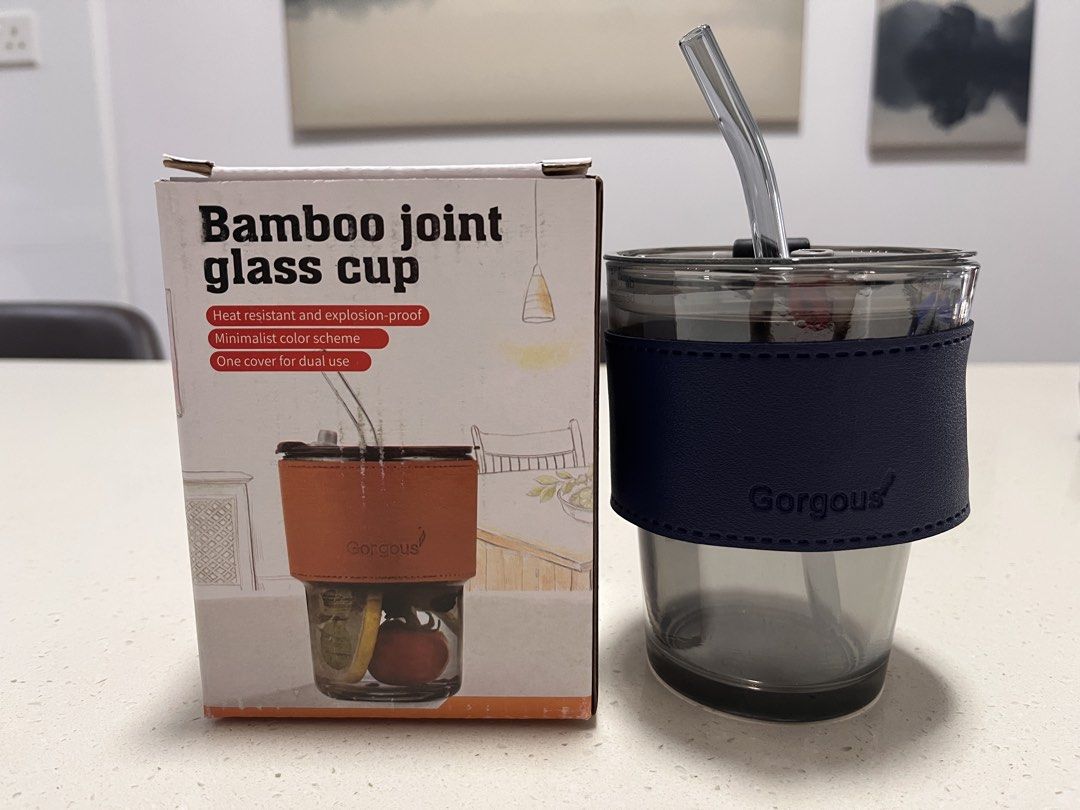 Bamboo Joint Glass Cup with Glass Straw