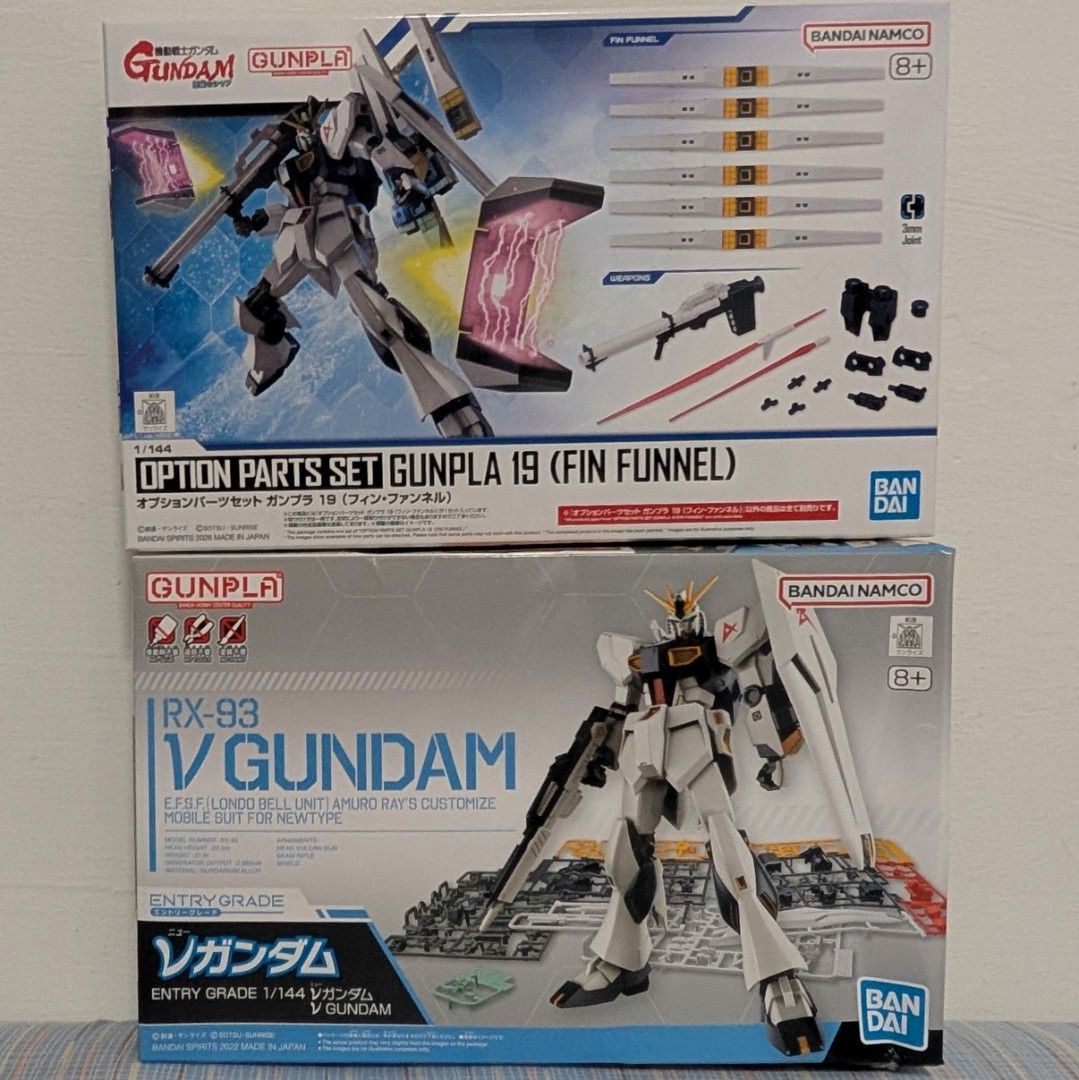 [In stock] Bandai Entry Grade EG RX-93 V Gundam & Fin Funnel Set Gunpla (Category: Gundam Model Kits) located in Singapore. Submitted by zakusg (Listing ID 1434938707, Image 1). Description: Webshop: https://zakusg.com/ Tele Channel: t. me/zakusg IG: @zaku.sg WA: 9101+3929 Tele: @zacyeow Box is not mint. Not for box collectors 16 - EG V Nu Gundam 17 - EG Option Parts Set Gunpla 19 - Fin Funnel 30 - Bundle both together Pickup: 590017 (near Beauty
