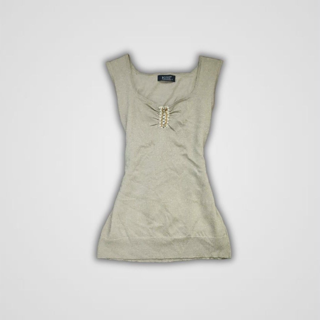 Beige Embellished Pearl Tank Top (Category: Sleeveless) located in Batangas. Submitted by moniselects (Listing ID 1434920342, Image 1). Description: 📌 Payment first basis via GCash / Bank Transfer + SF 📌 MOD: J&T 📌 Best fits: S-M.