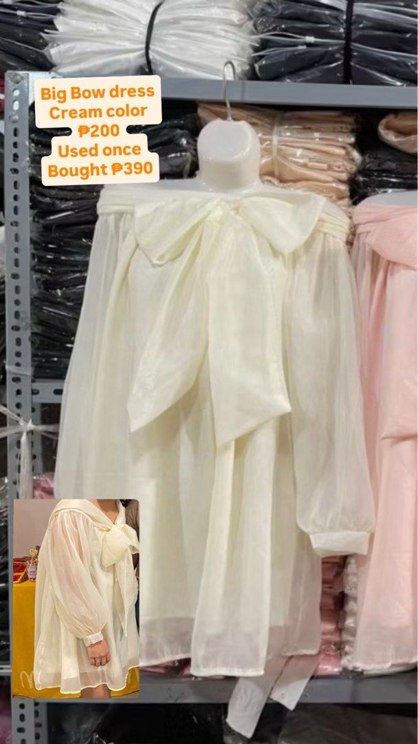 Big Bow Cream Dress (Category: Dresses) located in San Juan City. Submitted by braces11 (Listing ID 1434863106, Image 1). Description: - Cream-colored dress - Features a big bow detail - Long sleeves - Loose fit - Worn once - Selling Price: ₱200 (Original Price: ₱390).