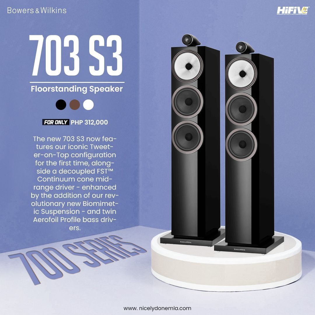 Bowers & Wilkins 703 S3 Floorstanding Speakers (Category: Soundbars, Speakers & Amplifiers) located in Quezon City. Submitted by hifivebynicelydone (Listing ID 1434894021, Image 1). Description: The 703 S3 delivers powerful, precise audio with that signature Tweeter-on-Top detail—perfect for serious music listening and immersive home theater. 🔊✨ ✔️ Tweeter-on-Top for cleaner highs 🎯 ✔️ Clear, detailed mids + deep bass 🔥 ✔️ Built for larger spa