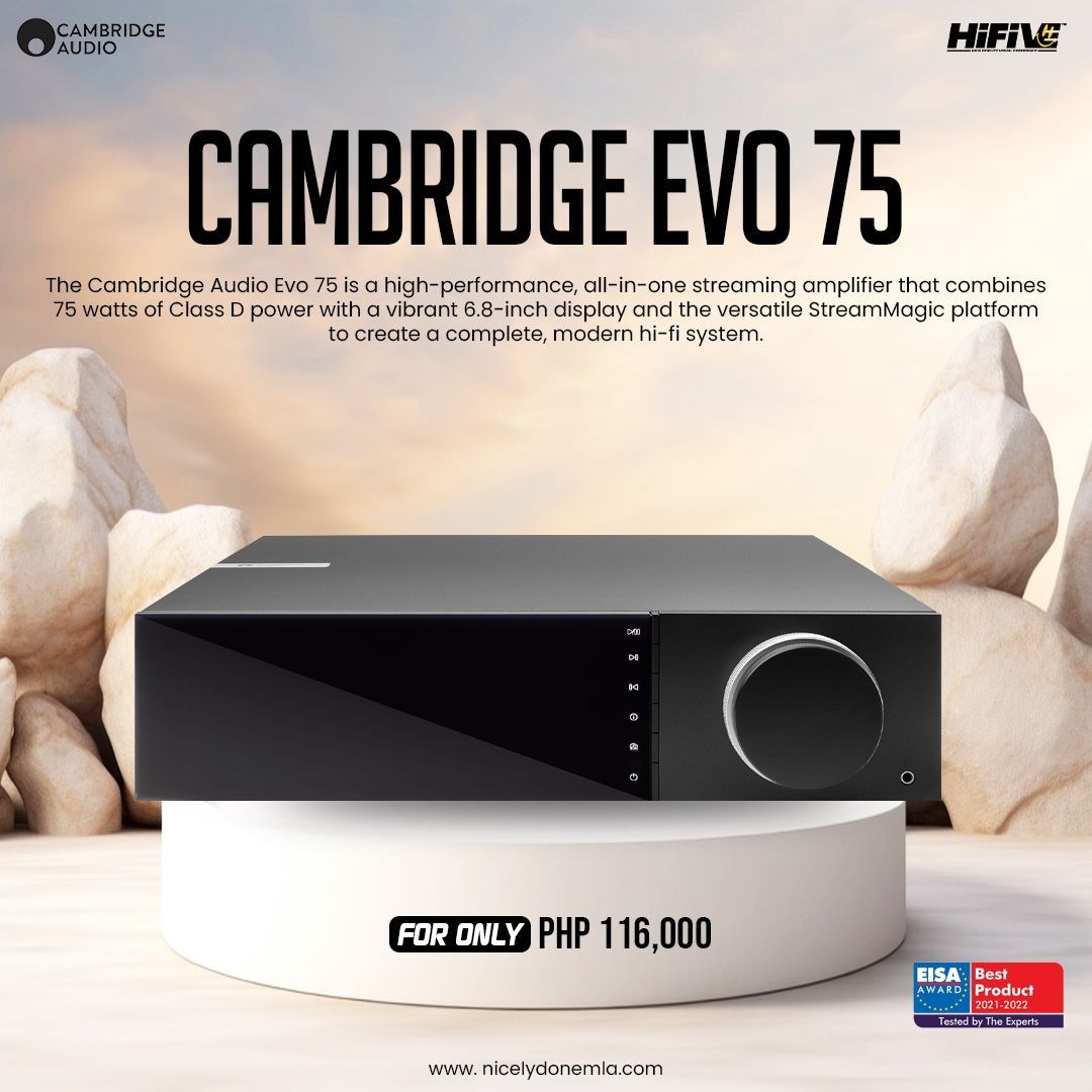 Cambridge Evo 75 (Category: Soundbars, Speakers & Amplifiers) located in Quezon City. Submitted by hifivebynicelydone (Listing ID 1434884853, Image 1). Description: All-in-one hi-fi that keeps it clean and powerful. The Evo 75 delivers smooth, high-quality audio with built-in streaming—just add speakers and you’re good to go. 🔊 ✔️ Amplifier + streamer in one ✔️ Clean, modern design ✔️ Balanced, room-filling sound ✔️ Easy everyday listening Perfe