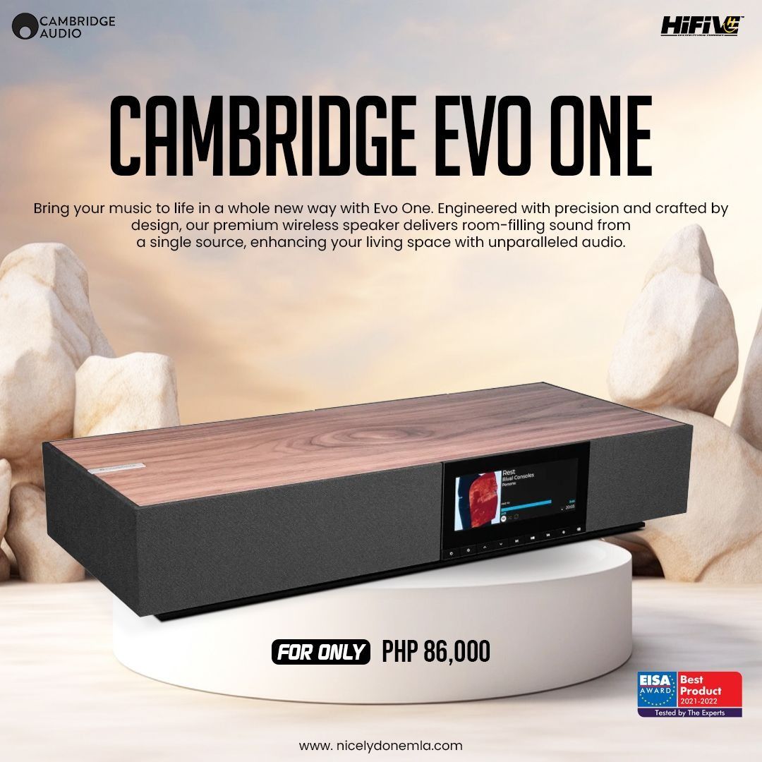 Cambridge Evo One (Category: Soundbars, Speakers & Amplifiers) located in Quezon City. Submitted by hifivebynicelydone (Listing ID 1434888585, Image 1). Description: No separate setup needed—just pure, room-filling audio from a single, premium speaker. The Evo One blends sleek design with powerful performance for effortless listening. 🔊 ✔️ All-in-one wireless speaker ✔️ Wide, room-filling sound ✔️ Clean, modern design ✔️ Easy, everyday use Perfe