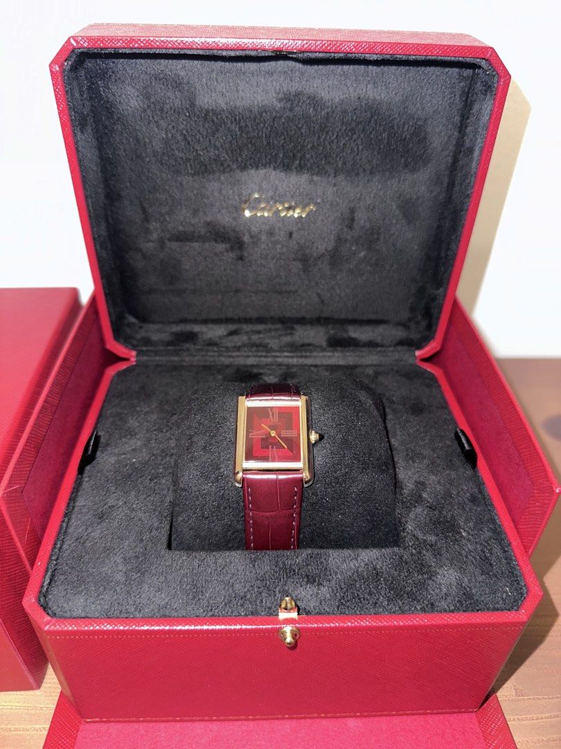 Cartier Tank Louis Cartier WGTA0093 (Category: Watches) located in Singapore. Submitted by korinklein (Listing ID 1434965865, Image 1). Description: Brand new, unworn Tank Louis Cartier WGTA0093 pulled from safe for sale - Cartier 2022 W&W Release “One-Shot” -33.7mm x 25.5mm, 18k yellow gold case -Manual-wind Calibre 1917 MC movement -Original burgundy alligator leather strap -Sapphire crystal -Bought Oct-23 with 8 year warranty -Box & Papers Ele