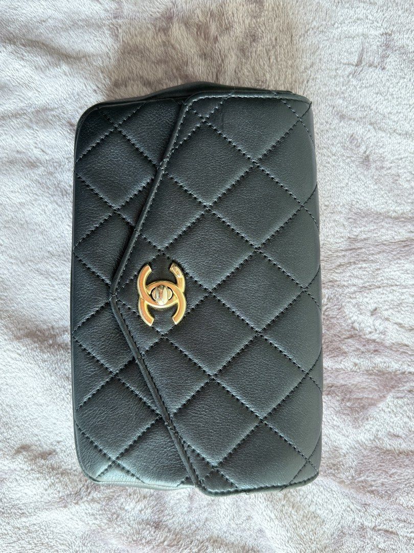 Chanel Quilted Belt Bag (Category: Luxury Bags & Wallets) located in Makati City. Submitted by bagging_rights (Listing ID 1434848293, Image 2). Description: - AVAILABLE FOR 0% INSTALLMENT FOR BDO AND BPI CARDHOLDERS UP TO 12 MONTHS - Authentic Chanel belt bag - Black quilted leather - Gold-tone hardware - Iconic flap closure with Chanel logo - Leather belt with gold buckle and chain - Compact design for essentials.