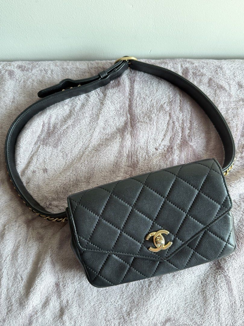 Chanel Quilted Belt Bag (Category: Luxury Bags & Wallets) located in Makati City. Submitted by bagging_rights (Listing ID 1434848293, Image 1). Description: - AVAILABLE FOR 0% INSTALLMENT FOR BDO AND BPI CARDHOLDERS UP TO 12 MONTHS - Authentic Chanel belt bag - Black quilted leather - Gold-tone hardware - Iconic flap closure with Chanel logo - Leather belt with gold buckle and chain - Compact design for essentials.