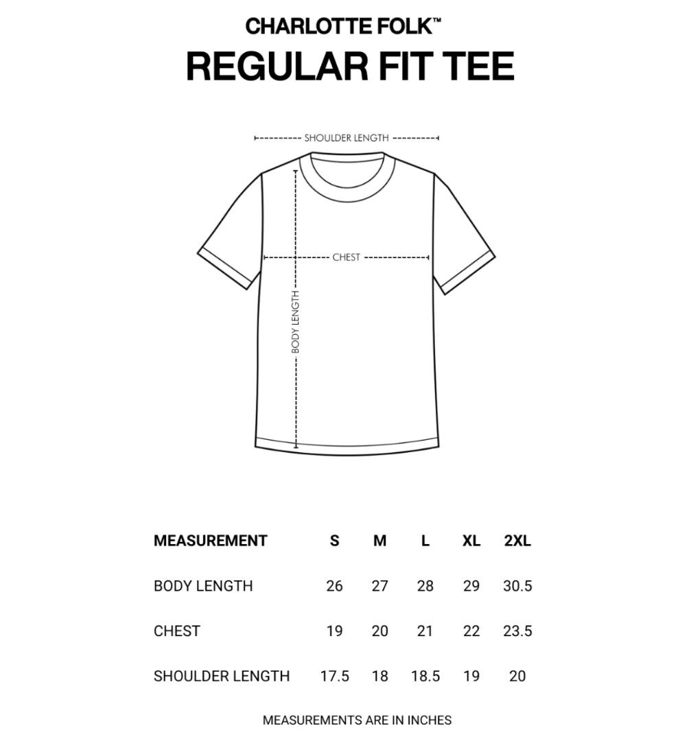 Charlotte Folk Basic Tee SALE/SWAP (Category: Shirts) located in Muntinlupa City. Submitted by narymadine_ (Listing ID 1434870307, Image 3). Description: - Charlotte Folk Basic Tee - Size: M - Color: Gray - Regular Fit - Subtle Charlotte Folk logo - See size chart in photos.