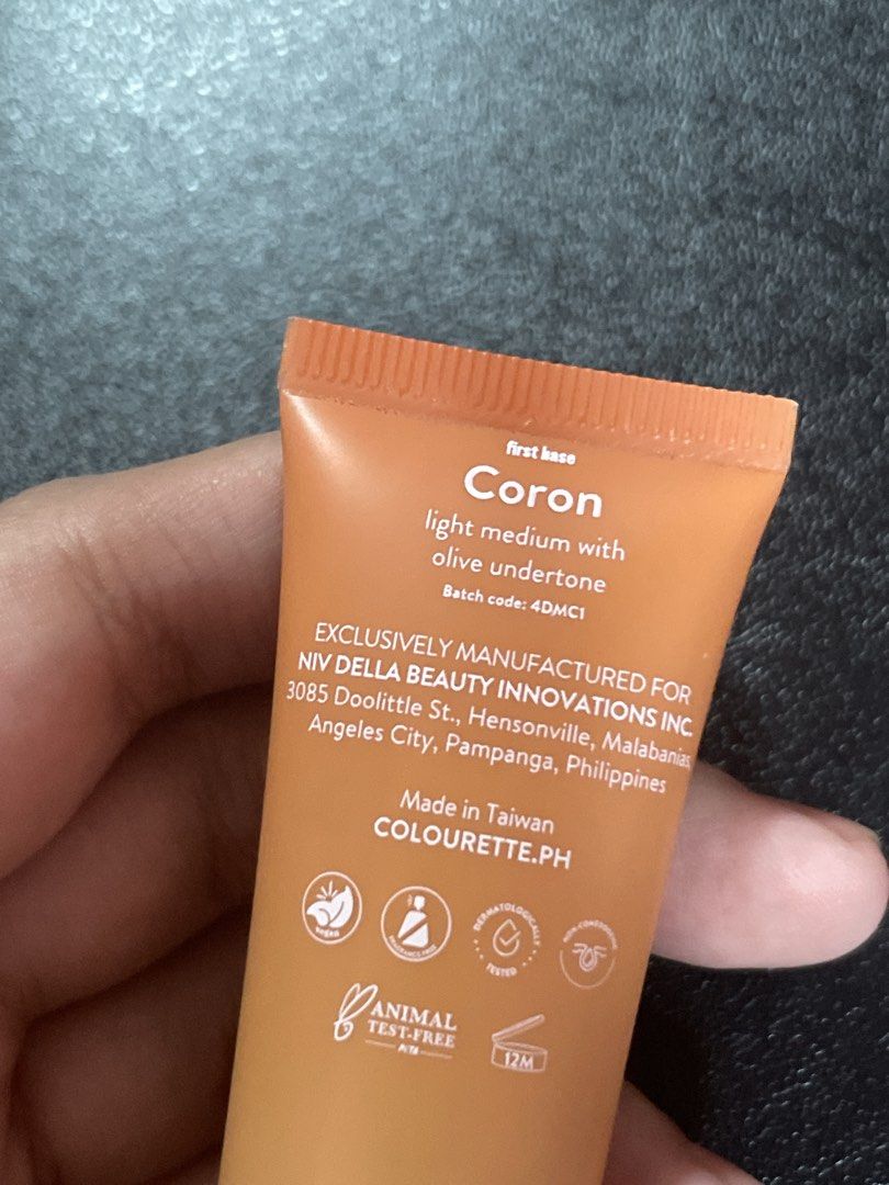 Colourette First Base Everyday Skin Tint - Coron (Category: Makeup) located in Bauang. Submitted by weiyaaaaaaaaaaaa (Listing ID 1434925941, Image 2). Description: - Colourette First Base Everyday Skin Tint - Shade: Coron (Light-medium with olive undertone) - Key Ingredients: Azelaic Acid, Hyaluronic Acid, Niacinamide - SPF 30 - Size: 30ml - Made in Taiwan.