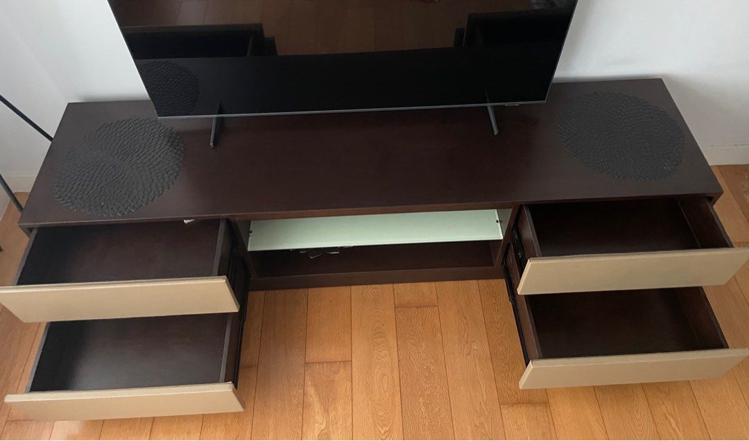 Custom Made Mid Century TV Console / Media Cabinet (Category: TV Consoles) located in Taguig. Submitted by maomj (Listing ID 1434811654, Image 3). Description: Description: Custom-made TV console, not mass-produced Original cost around ₱50,000 Well maintained, quality build, sturdy and functional Ample storage with drawers and open shelving Mid-century modern inspired design Ideal for condo living / living room setup.