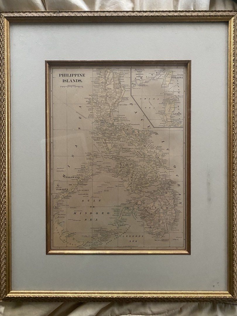 Framed Antique Philippine Islands Map (Category: Frames & Pictures) located in Manila. Submitted by rtmc_ (Listing ID 1434871554, Image 1). Description: - Antique framed map of the Philippine Islands (1904) - Elegant gold-colored frame. - Features white matting. - Detailed depiction of islands with place names. - Decorative frame border. - Ideal for collectors and history enthusiasts. - approx map size: 36 x 27 cm - approx frame size: 54 x 45 cm.