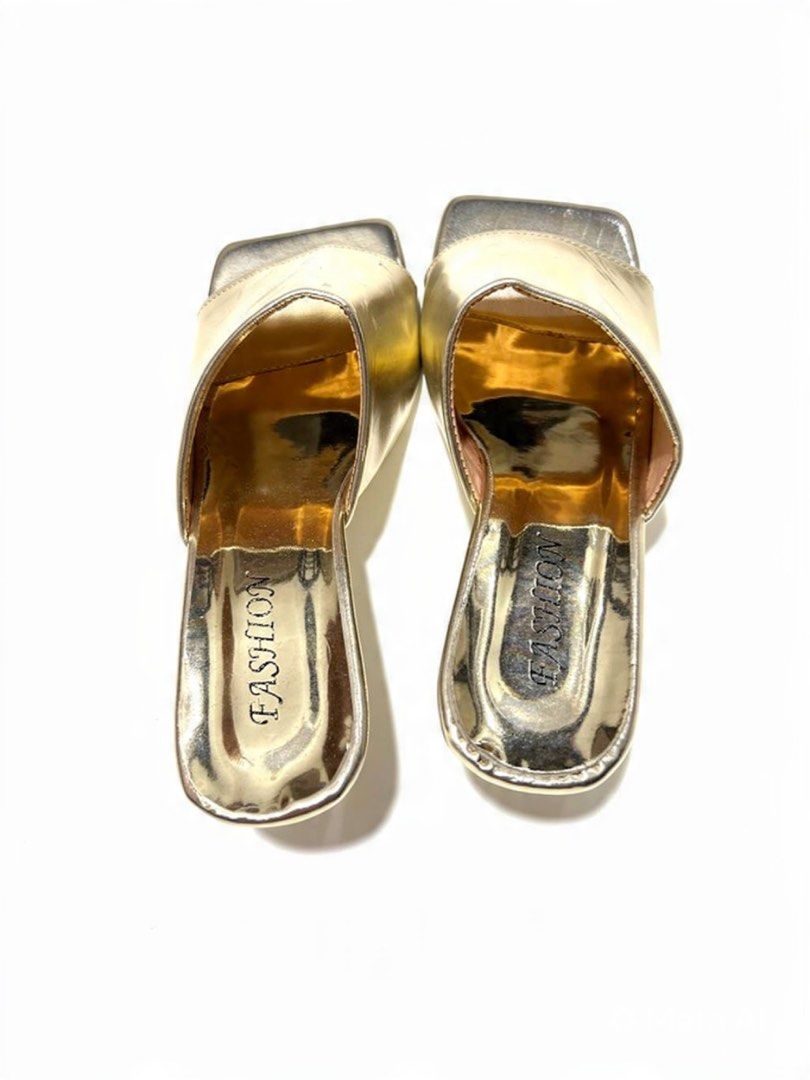 Gold Square Toe Heels (Category: Heels) located in Antipolo. Submitted by cl026 (Listing ID 1434928637, Image 2). Description: - Gold square toe sandals - Comfortable block heel - Metallic finish - Ideal for special events - "FASHION" printed insole.