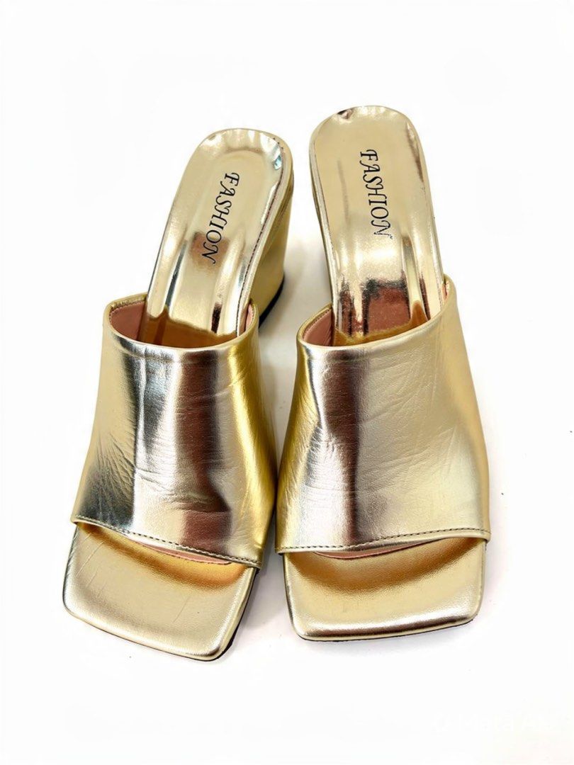 Gold Square Toe Heels (Category: Heels) located in Antipolo. Submitted by cl026 (Listing ID 1434928637, Image 1). Description: - Gold square toe sandals - Comfortable block heel - Metallic finish - Ideal for special events - "FASHION" printed insole.