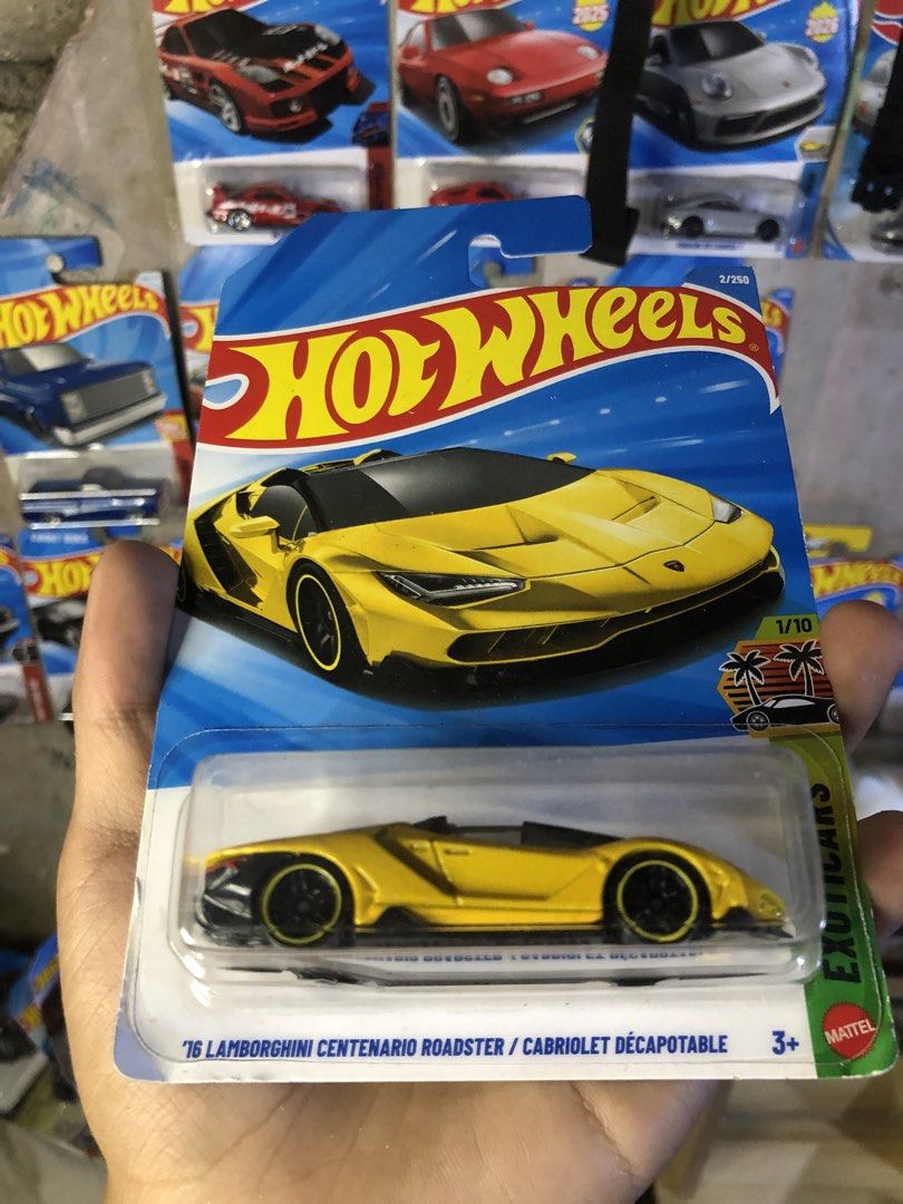Hot Wheels '16 Lamborghini Centenario Roadster (Category: Vehicle & Diecast Models) located in Manila. Submitted by mariellathrift (Listing ID 1434833491, Image 2). Description: - Hot Wheels '16 Lamborghini Centenario Roadster - Exotics series - Color: Yellow with black accents - 1/10 in the series - Number 2/250 - Suitable for ages 3+.
