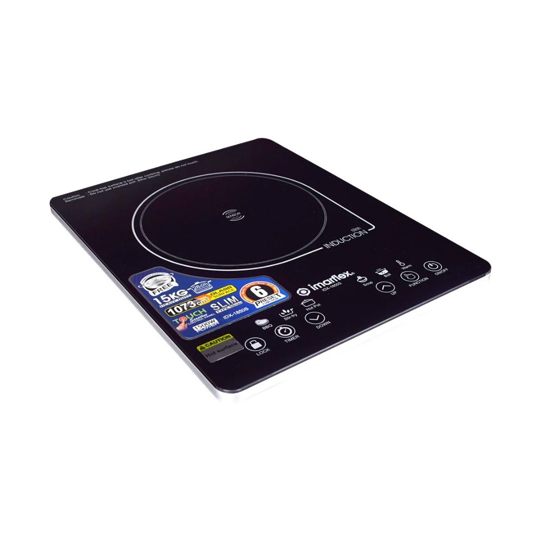 IMARFLEX IDX-1850S - Slim Type Single Induction Cooker - 6 PRESET FUNCTION (Category: Cookers) located in Manila. Submitted by abot.ph.17846 (Listing ID 1434908635, Image 3). Description: Product Features: Slim Design (50mm) 1500W Power 6 Preset Cooking Functions - Barbeque, Stir-fry, Hot Pot, Soup, Boil, and Warm modes for versatile meal preparation Large Glass Surface Touch Control Panel Up to 24-Hour Timer Child-Lock Feature Auto-Sense ON Pot 
