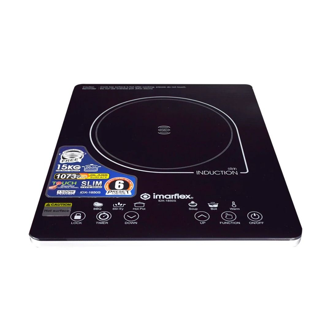 IMARFLEX IDX-1850S - Slim Type Single Induction Cooker - 6 PRESET FUNCTION (Category: Cookers) located in Manila. Submitted by abot.ph.17846 (Listing ID 1434908635, Image 1). Description: Product Features: Slim Design (50mm) 1500W Power 6 Preset Cooking Functions - Barbeque, Stir-fry, Hot Pot, Soup, Boil, and Warm modes for versatile meal preparation Large Glass Surface Touch Control Panel Up to 24-Hour Timer Child-Lock Feature Auto-Sense ON Pot 