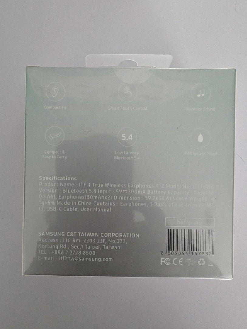 ITFIT T12 True Wireless Earphones (Category: Headphones & Headsets) located in Davao. Submitted by apb.apb (Listing ID 1434843510, Image 2). Description: - ITFIT T12 True Wireless Earphones - Bluetooth 5.4 - Smart touch control - Compact and portable design - Includes USB-C cable - Comes with user manual - Made by Samsung C&T Taiwan Corporation RFS: Comes as a freebie, I have existing BT earphone Negotiable.