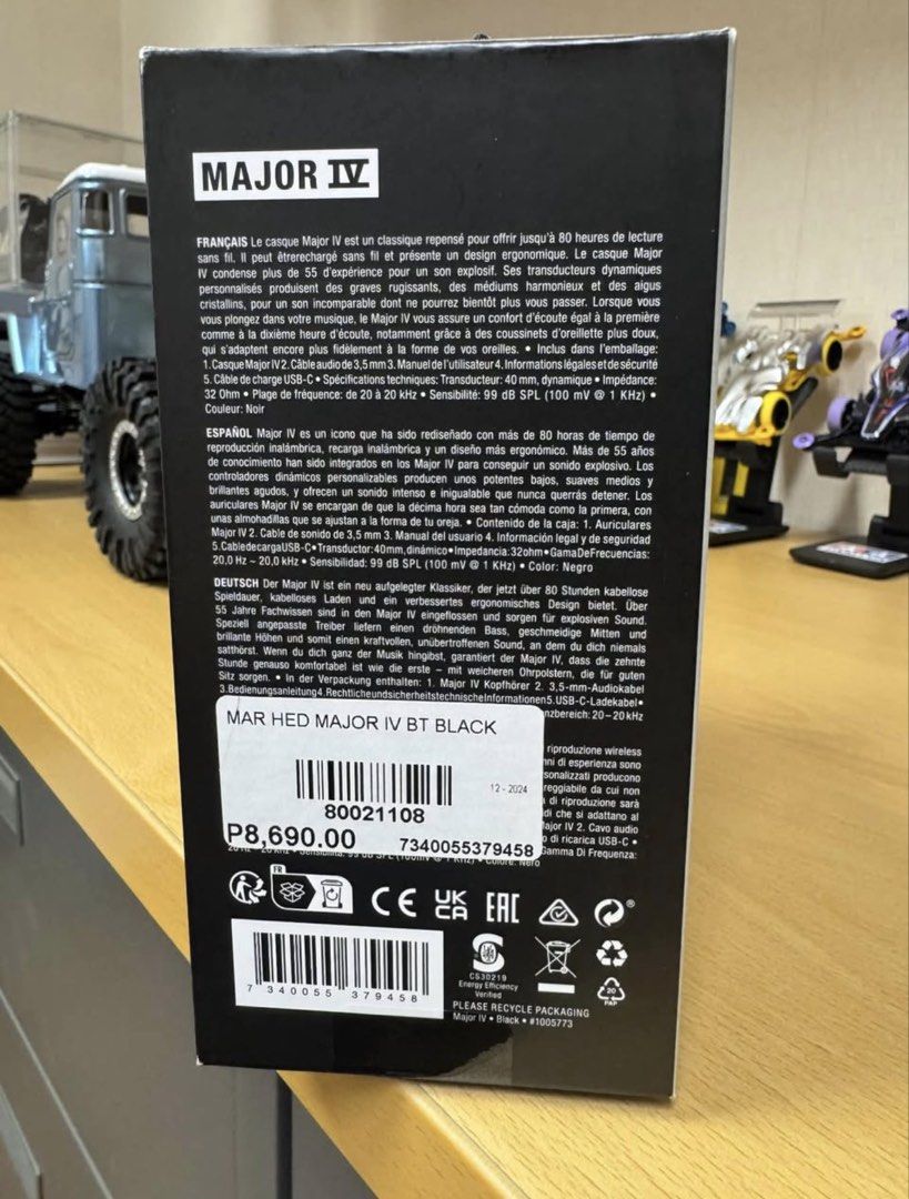 Marshall Major IV Bluetooth Headphones (Category: Headphones & Headsets) located in Manila. Submitted by mxeneeee (Listing ID 1434908708, Image 3). Description: Never opened 📍Pasig - 80+ hours of wireless playtime - Wireless charging - Signature Marshall sound - Bluetooth 5.0 - Multi-directional control knob - Comfortable ergonomic design - Includes headphones and accessories.