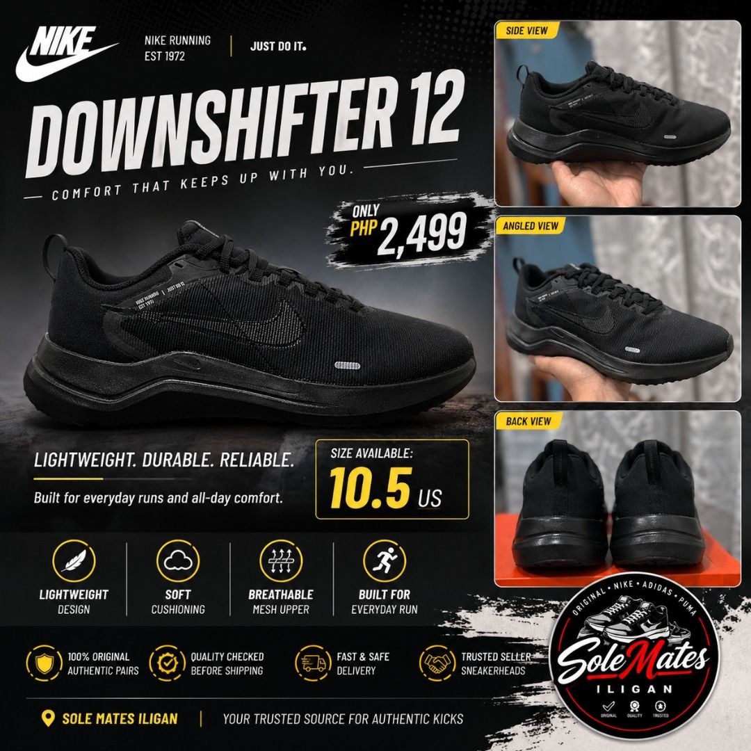 Nike Downshifter 12 Black Running Shoes (Category: Sneakers) located in Iligan City. Submitted by mhrgb____ (Listing ID 1406284970, Image 1). Description: All Brand-new Original💯 NIKE DOWN-SHIFTER 12 (all black) Size Available: 12 US Authentic sneakers 👟 | Nike • Adidas • Puma 📍 Iligan-based 💯 Quality pairs only 👉 Like our page on Facebook: Sole Mates Iligan.