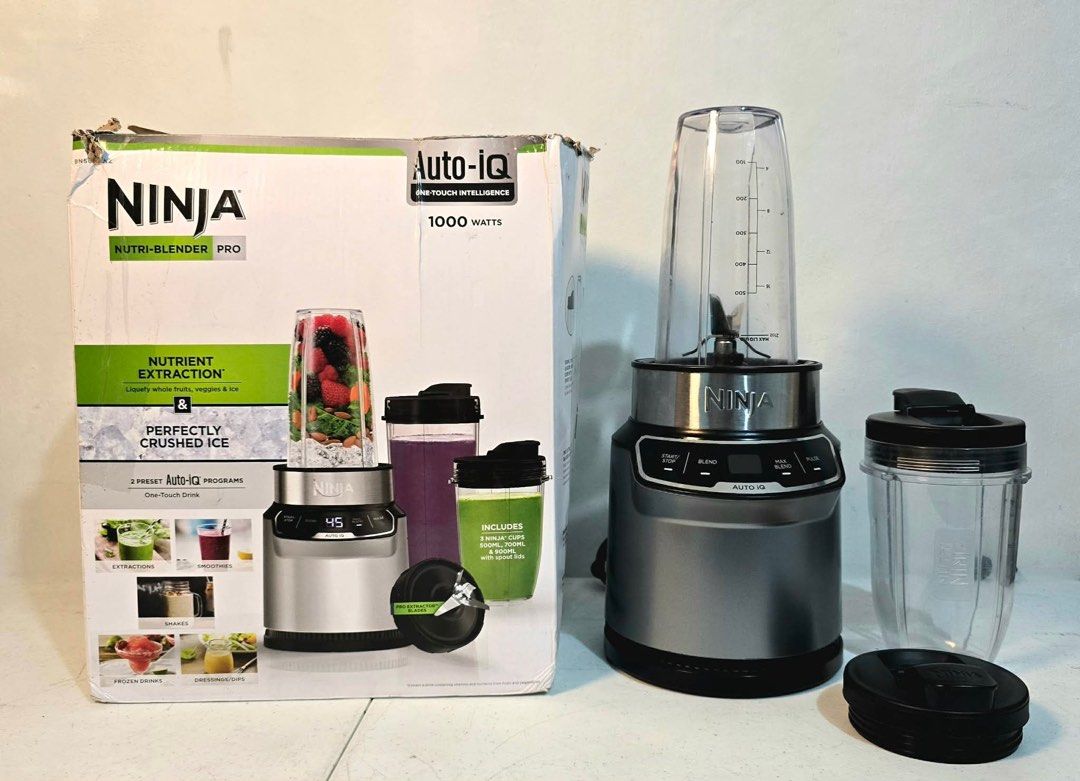 Ninja Nutri-Blender Pro Auto-iQ 1000W (Category: Juicers, Blenders & Grinders) located in Taytay. Submitted by mikz_1303 (Listing ID 1434814478, Image 1). Description: Ninja Nutri-Blender Pro with Auto IQ Australian mall pull out Used as demo unit Model: BN500ANZ Box 2 bottle 1 blade 2 lid 220V No issue 6.5k.