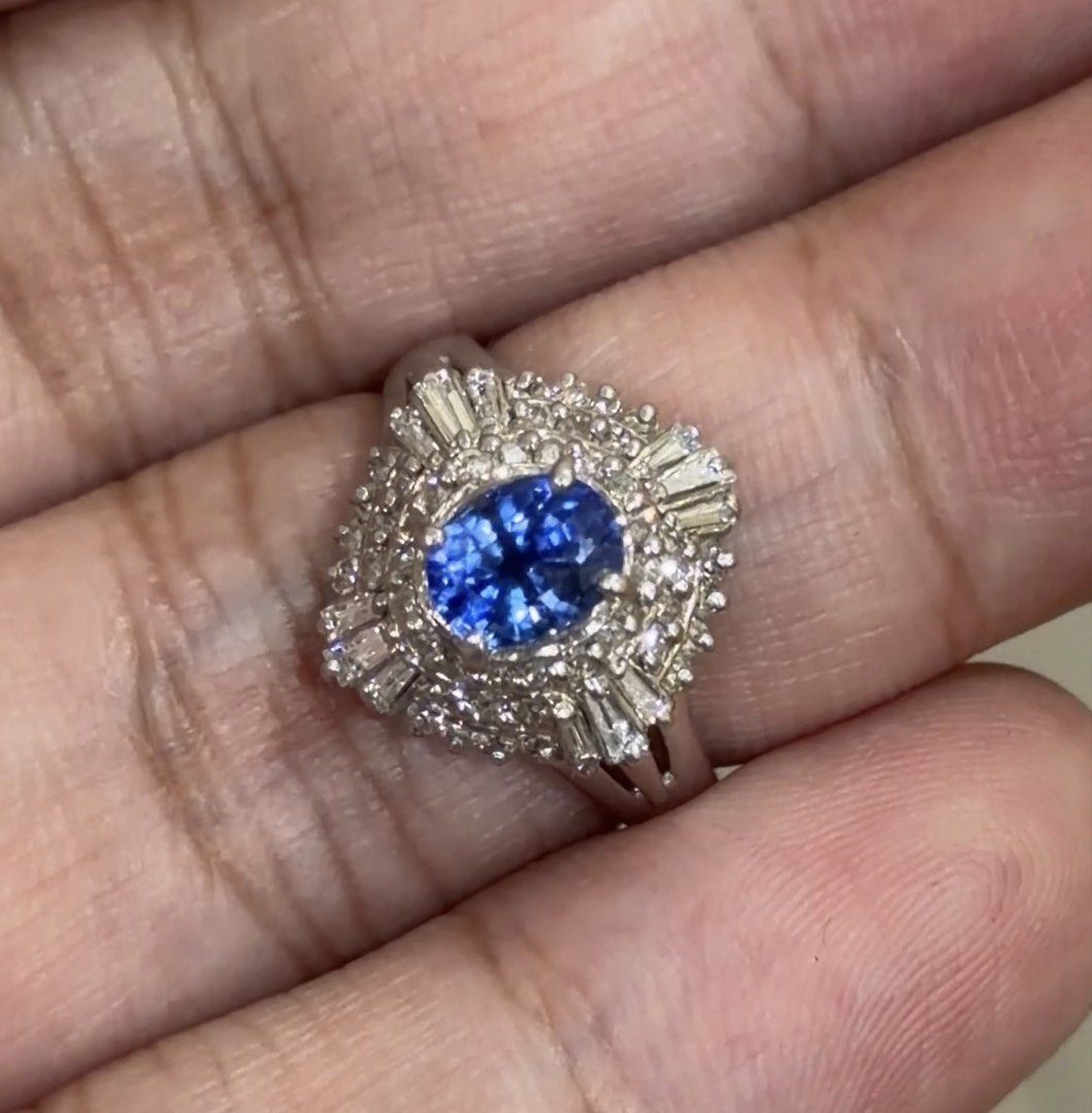 Platinum Sapphire and Diamond Ring (Category: Rings) located in Las Pinas. Submitted by houseofgems0 (Listing ID 1434948274, Image 1). Description: Details: - PT900 | 6.7 grams | 🇯🇵 - Size: 4.5 - 62 round and baguette-cut natural diamonds - 1 oval-cut natural sapphire (unheated) - Total Carat Weight (dia): .63ct (stamped) - Total Carat Weight (sapphire): 1.13ct (stamped) - PRICE: ₱67,000 💎 All items are 100% AUTHENTIC/PAWNABLE. Send us a messa